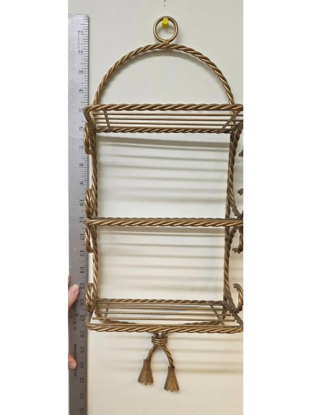 Vintage 3 Tier Twisted Rope Gold Tone Metal Wall Shelf Hollywood Regency Style
